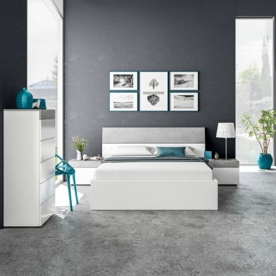 Quarto moderno com móveis brancos, parede cinza escura, decoração com plantas e acessórios azul-turquesa.