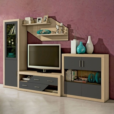 Conjunto de móveis para sala em madeira clara e cinza com televisão e decoração