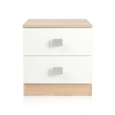 Cômoda pequena branca com dois gavetões e madeira clara