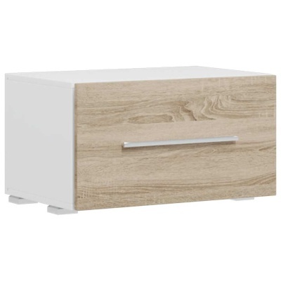 Caixa de arrumação com porta de madeira clara e corpo branco