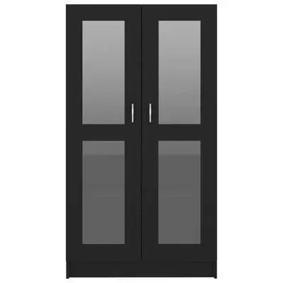 Armário preto com portas de vidro e puxadores metálicos