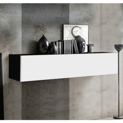 Aparelho suspenso branco e preto com livros, vasos, cabeça decorativa e imagem