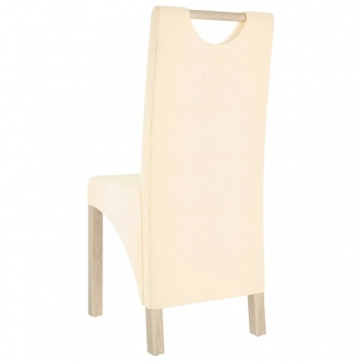 Cadeira de jantar bege com pernas em madeira clara e encosto alto