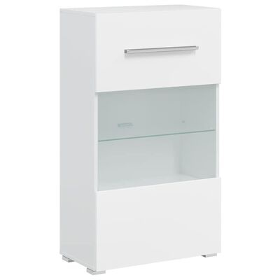 Móvel branco em madeira com compartimento de vidro e puxador metálico