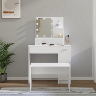 Cómoda branca com espelho e banco para maquilhagem numa divisão minimalista