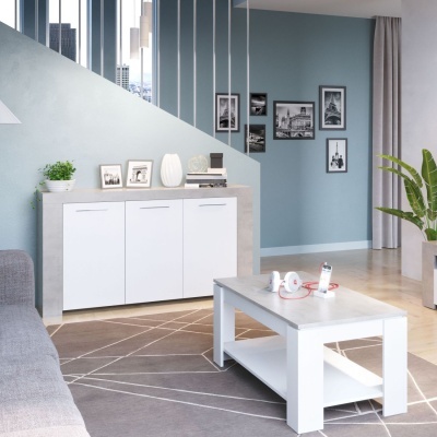Sala de estar moderna com móvel branco, mesa de centro branca e sofá cinzento