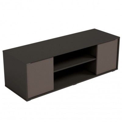 Móvel de TV retangular preto com portas cinzentas e prateleira central aberta