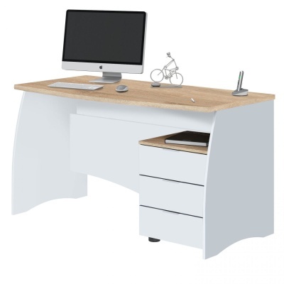 Secretária branca com tampo em madeira clara e itens de escritório