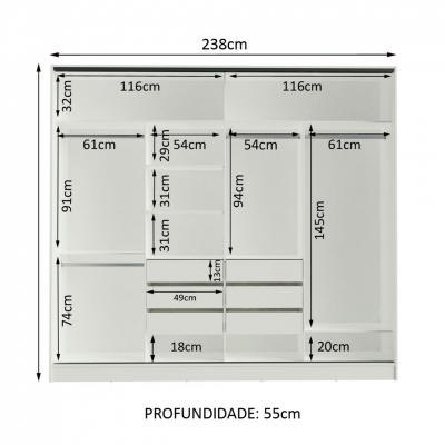 Armário modular branco com medidas em centímetros, mostrando várias divisões e prateleiras.