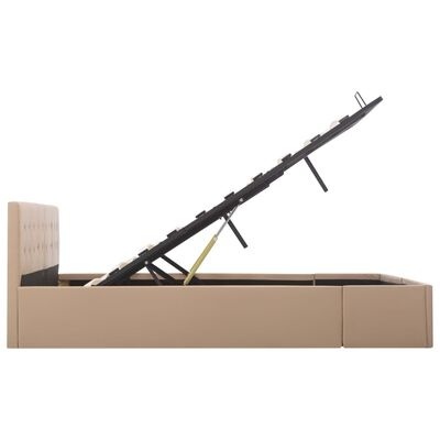 Cama de casal bege com mecanismo elevatório e cabeceira almofadada