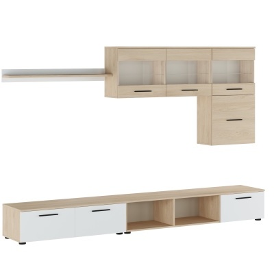 Conjunto de móveis para sala em madeira clara com portas brancas e vidro fosco
