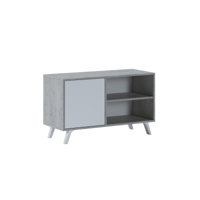 Móvel de apoio cinza claro com porta e prateleiras com pernas inclinadas
