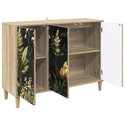 Armário de madeira com portas abertas, duas decoradas com padrão floral e uma branca.