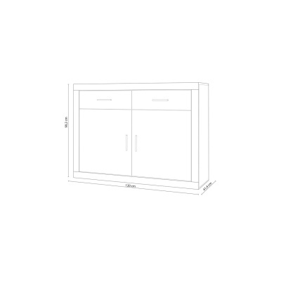 Desenho técnico de móvel com duas portas e duas gavetas com dimensões