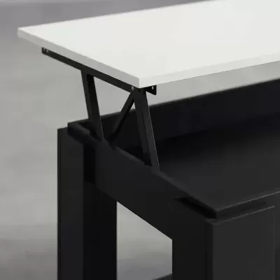 Mesa com tampo branco elevado e estrutura metálica preta