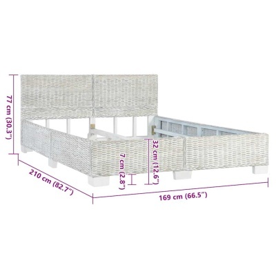 Cama casal rattan sintético branco com cabeceira alta e pés brancos, com dimensões detalhadas.