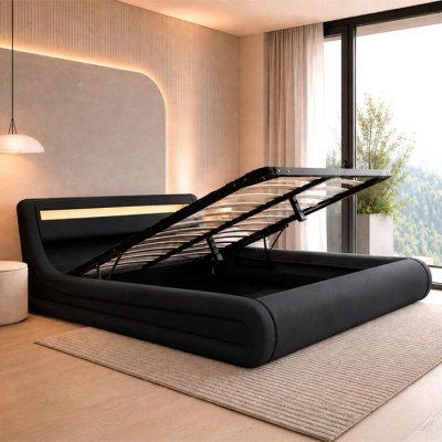 cama preta moderna com armazenamento hidráulico num quarto luminoso