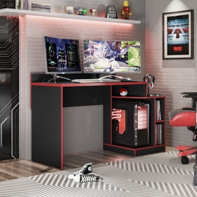 Secretária de gaming preta e vermelha com dois ecrãs, PC com LED e cadeira vermelha