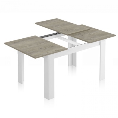 Mesa extensível de madeira cinza com pernas brancas
