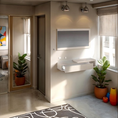 Entrada de casa com plantas em vasos laranja, sofá com colcha cinza, espelho e tapete com padrão geométrico.