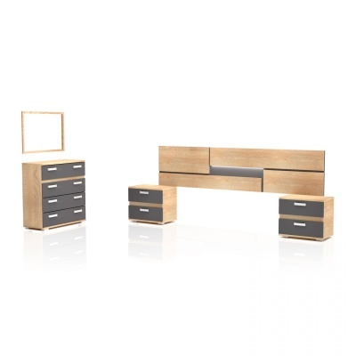 Conjunto de mobiliário para quarto em madeira clara e gavetas cinzentas