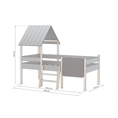 Cama alta infantil em madeira com escada e tejadilho cinzento