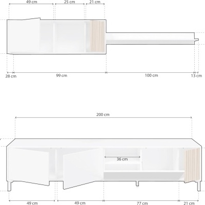 Móvel baixo para TV branco e madeira com medidas técnicas.