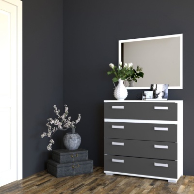 Cômoda cinzenta com moldura branca e espelho em fundo cinzento escuro
