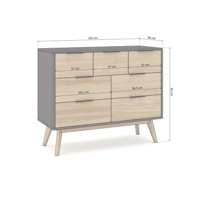 Cômoda de madeira com seis gavetas e pernas inclinadas