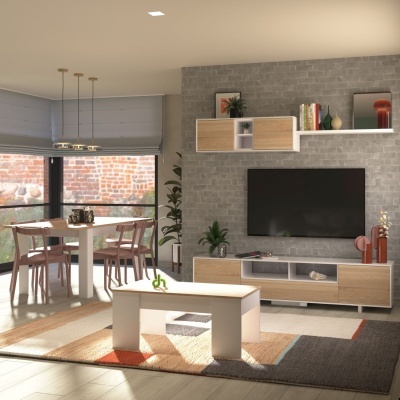 Sala de estar moderna com mobília em madeira clara e branca e parede cinza tijolo