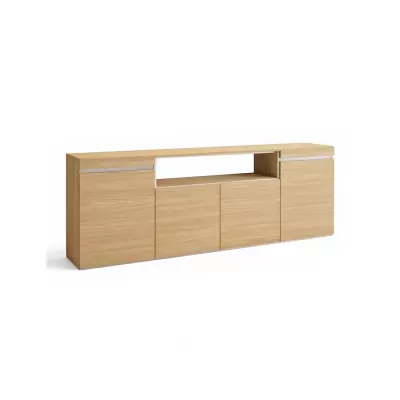 Móvel de madeira clara com portas e gavetas em fundo branco