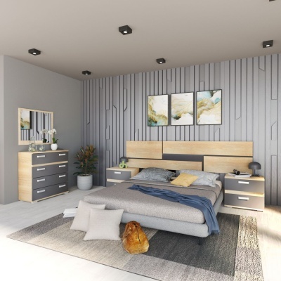 Quarto moderno com cama de madeira clara e cinza e decoração contemporânea