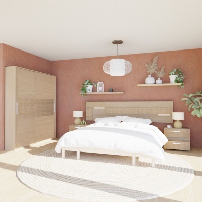 Quarto com cama de madeira clara, mesas de cabeceira, roupeiro, decoração com plantas e tapete redondo claro