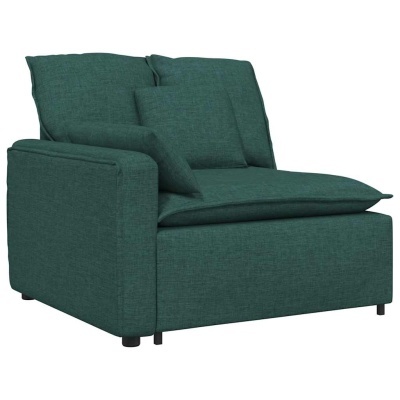 sofa de um lugar verde escuro com almofadas e pés pretos