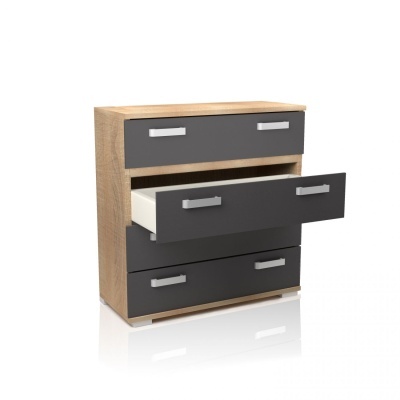 Cómoda de madeira clara com três gavetas cinza escuro, uma aberta