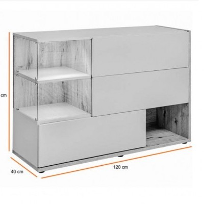 Móvel de arrumação branco e madeira clara com três gavetas e compartimentos abertos