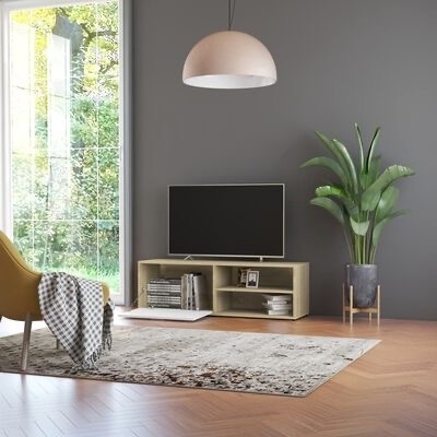 sala de estar com televisão, móvel de madeira, planta em vaso, cadeira amarela e grande janela