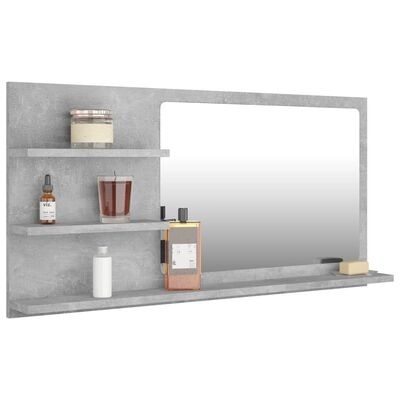 Espelho decorativo cinza com prateleiras e objetos diversos