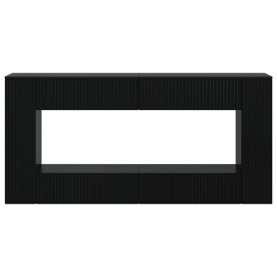 Aparador preto de madeira com textura riscada e abertura central