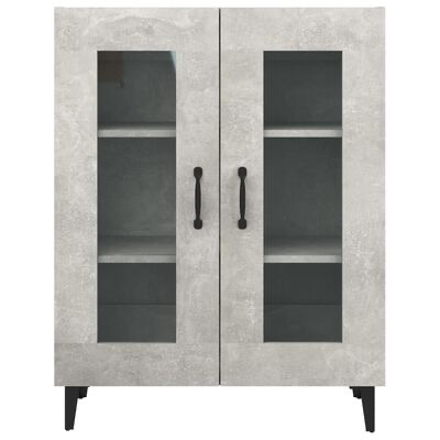 Armário cinza com portas de vidro, puxadores e pés pretos