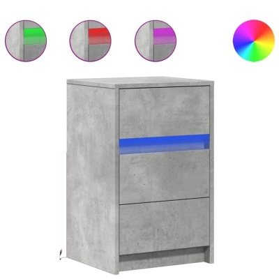 Mesa de cabeceira cinza com detalhe luminoso azul