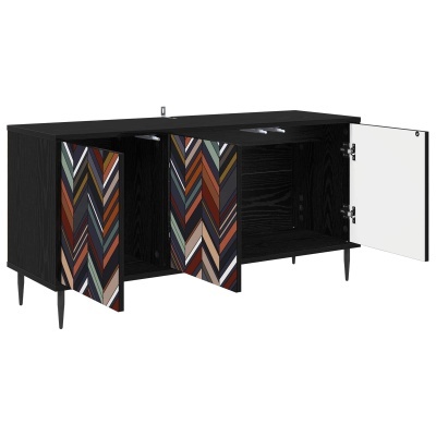 Móvel preto com portas coloridas e branca, pernas finas, portas abertas
