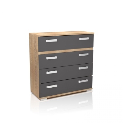 Cómoda madeira carvalho com gavetas cinzentas e puxadores metálicos