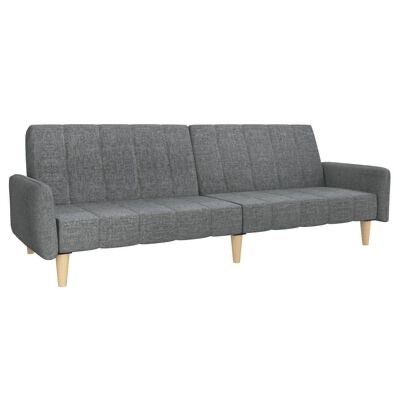 Sofá cinza de tecido com pernas de madeira clara