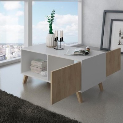 Mesa de centro branca com portas em madeira natural e decoração em sala moderna
