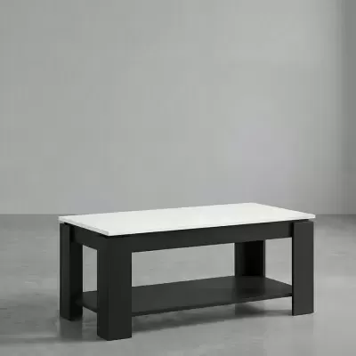 Mesa de centro retangular com tampo branco e estrutura preta