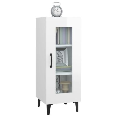 Móvel branco com porta de vidro e relógio prateado no topo