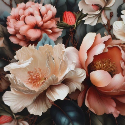 Padrão floral com flores grandes em tons de rosa, creme e vermelho com folhas verdes escuras