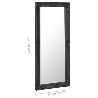 Espelho de corpo inteiro preto com moldura ornamentada e medidas indicadas