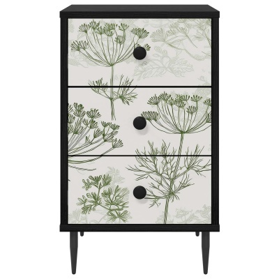 Cómoda de madeira com gavetas decoradas com desenho botânico verde